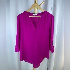 Chaus Women’s Purple Vneck Long Sleeve Shirttail Hem Pleated Back Blouse